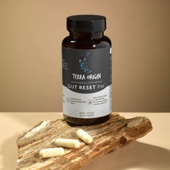 Close-up of 60 veggie capsules in a bottle