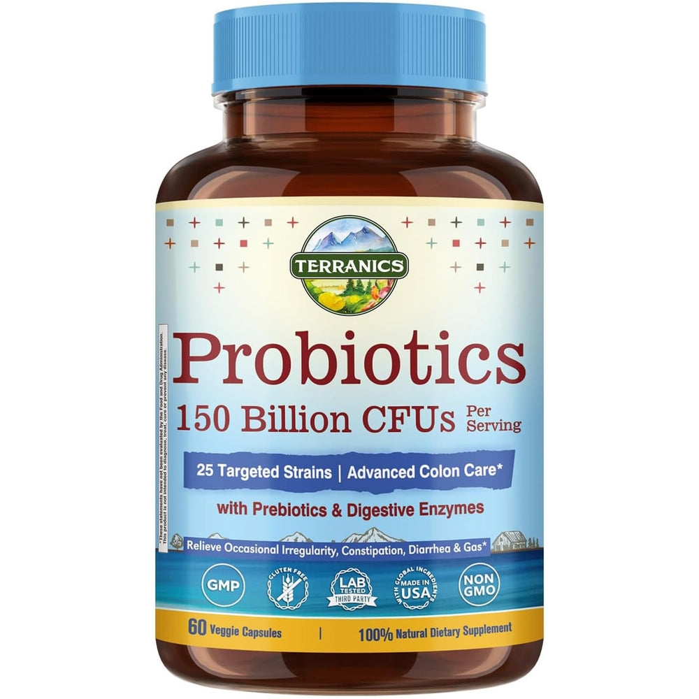 Terranics Daily Probiotics hero image showing 60 veggie caps with 150 Billion CFU and 25 strains