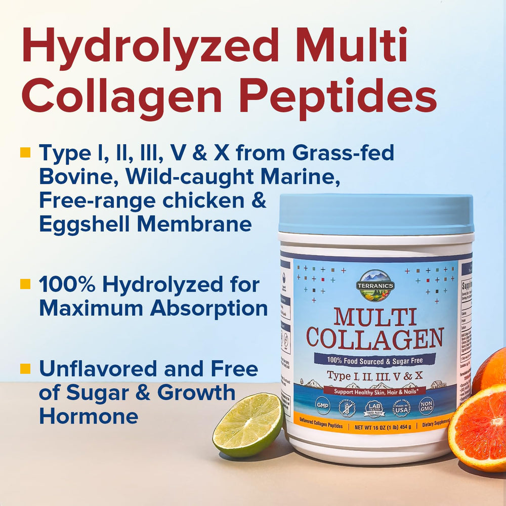 Terranics collagen peptides powder scoop with ingredients