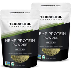 Terrasoul hemp protein powder bag front highlights organic certification and vegan protein