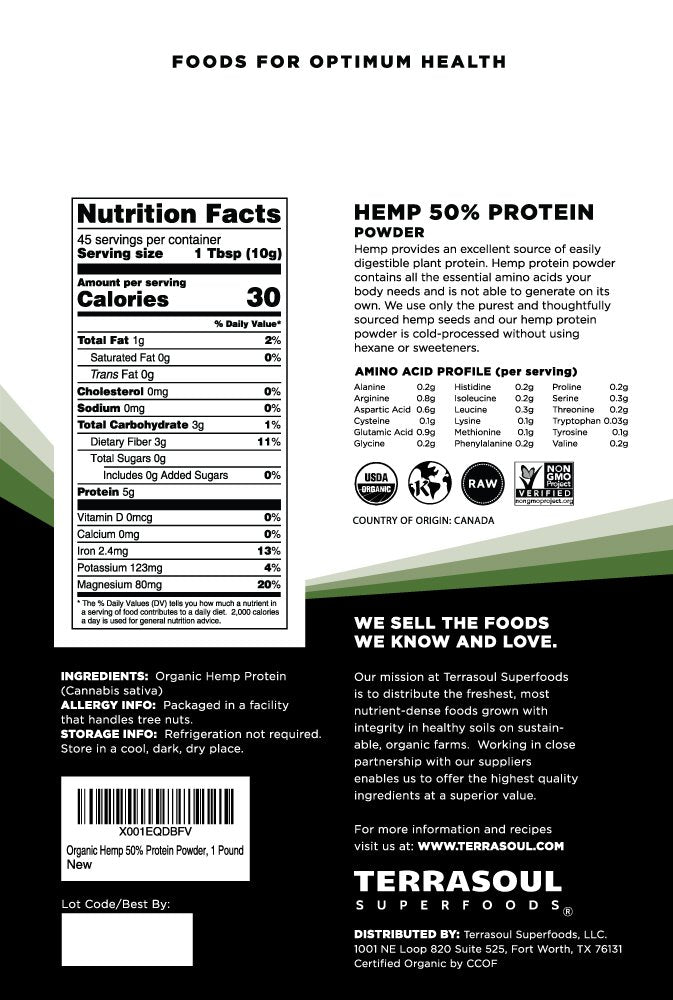 Terrasoul hemp protein powder bag label shows kosher and non-GMO status for trust