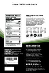 Terrasoul hemp protein powder bag label shows kosher and non-GMO status for trust