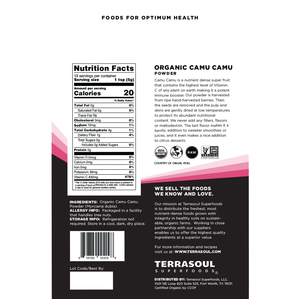 Terrasoul Organic Camu Camu Powder 3.5 oz back label
