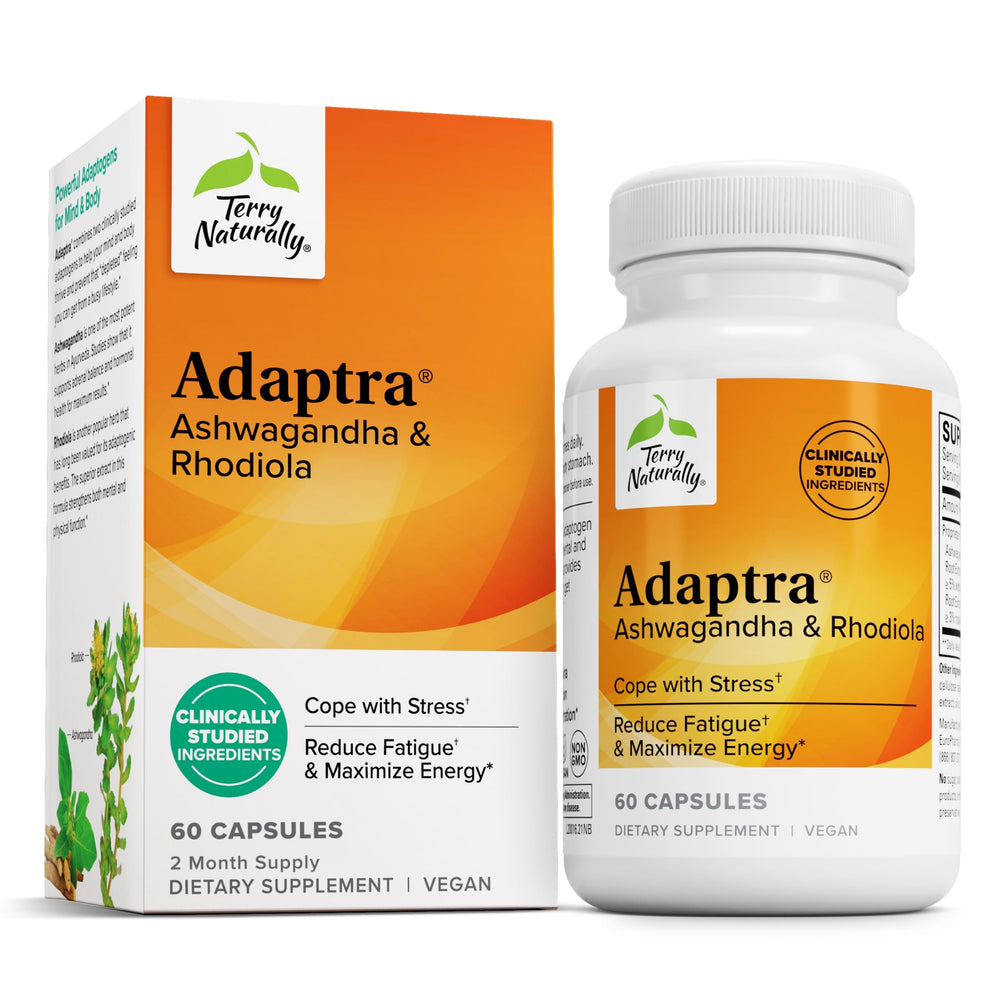 Terry Naturally Adaptra bottle featuring ashwagandha and rhodiola rosea - 60 capsules