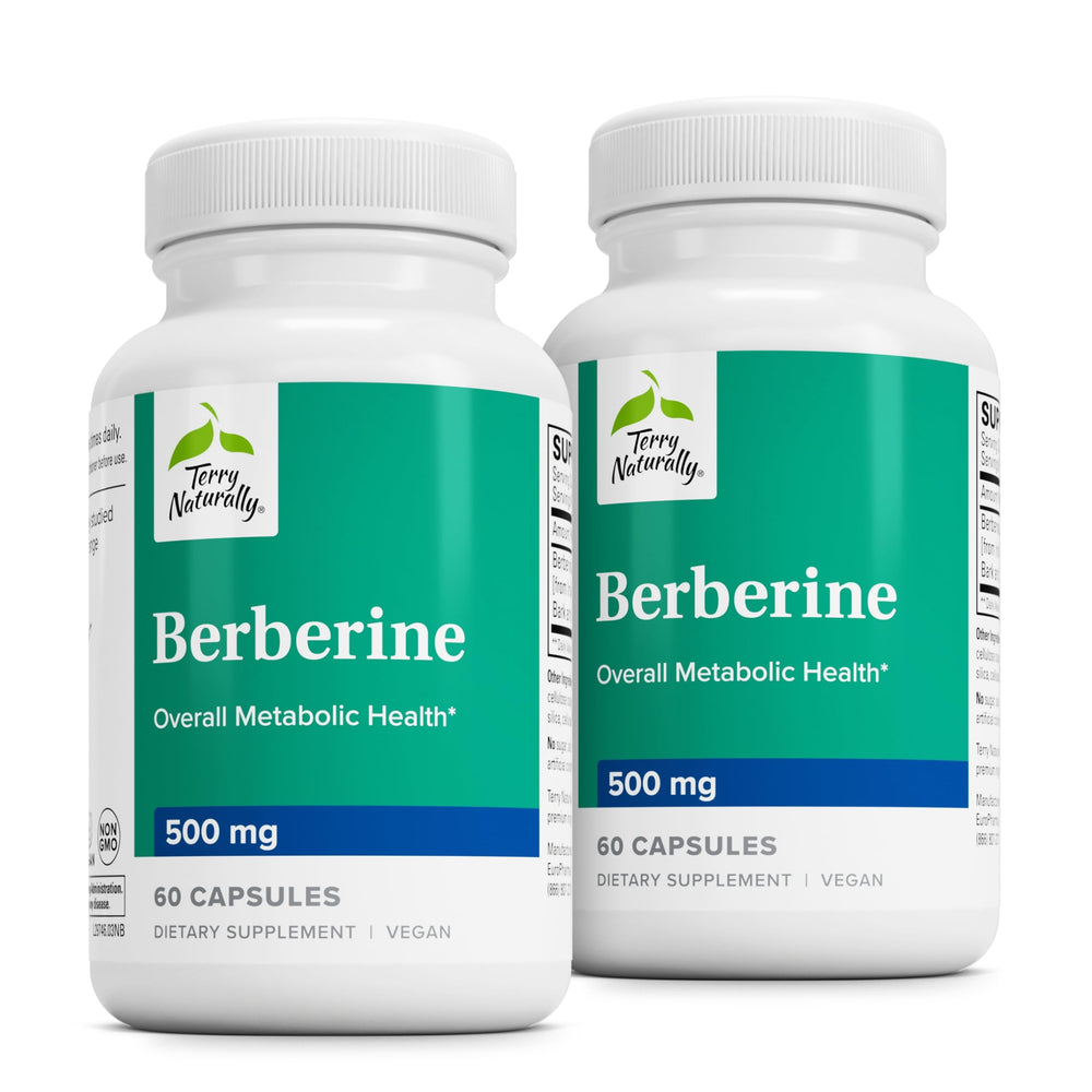 Bottle of Terry Naturally Berberine with label, 60 capsules per bottle, pack of 2