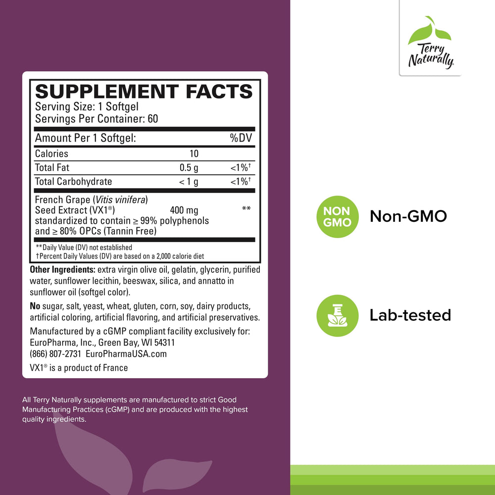 Close-up of Clinical OPC Extra Strength label with grape seed extract emphasis