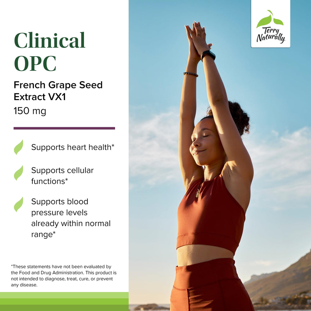 Packaging box for Terry Naturally Clinical OPC detailing cardiovascular and immune support