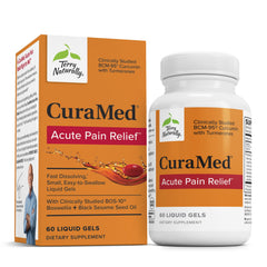 Terry Naturally CuraMed Acute Pain Relief bottle featuring BCM-95 curcumin and BOS-10 boswellia