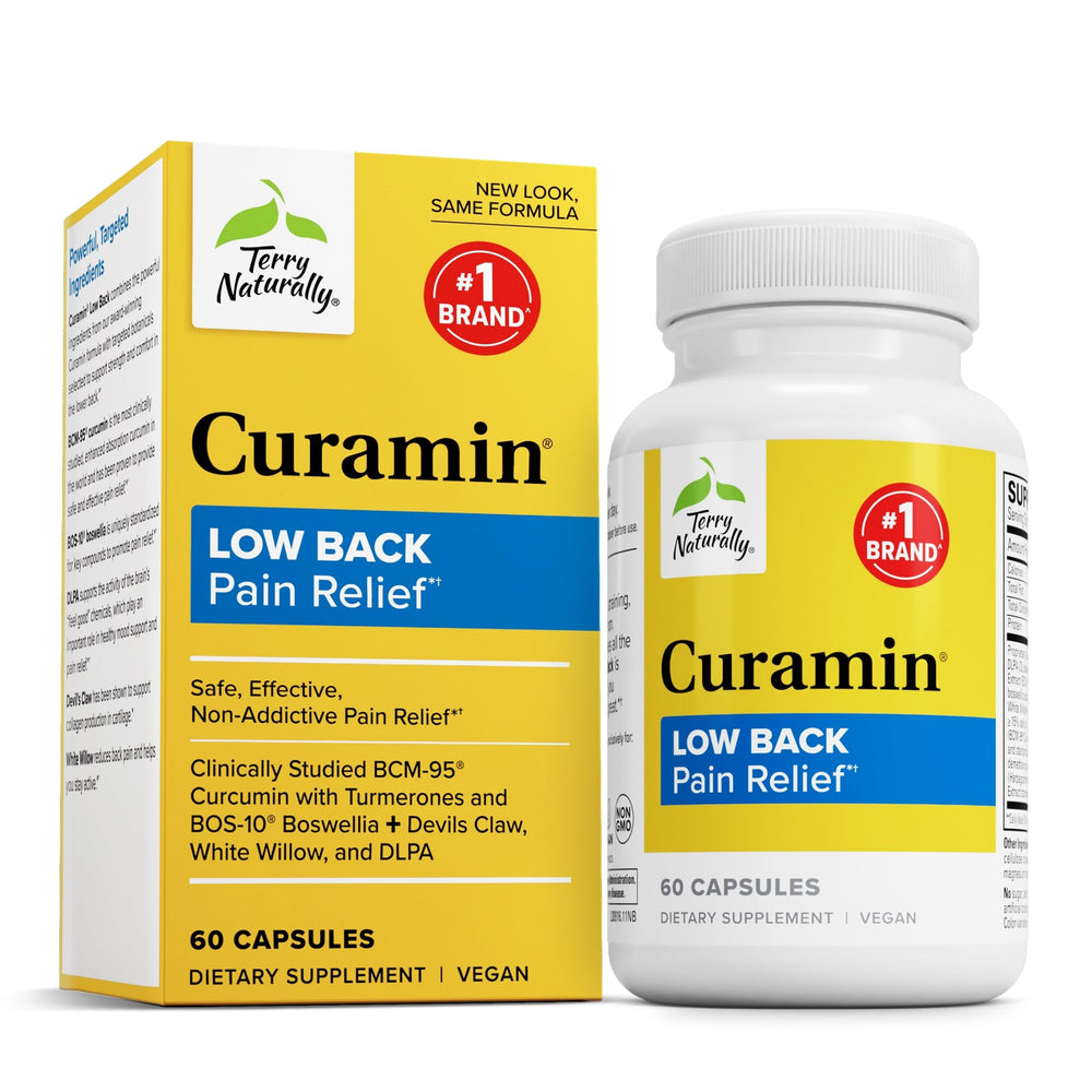 Front view of Terry Naturally Curamin Low Back Pain Relief bottle