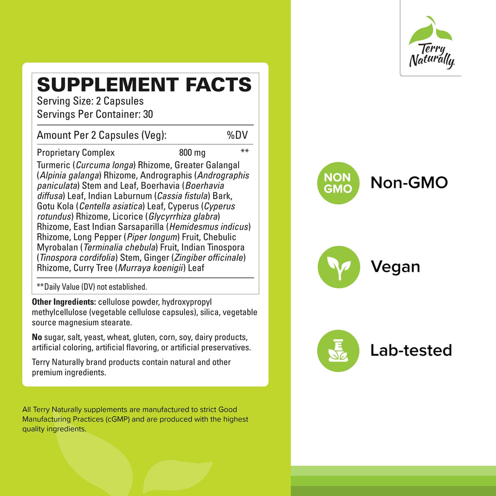 Front label of Terry Naturally Ayurvedic Digestive Formula bottle