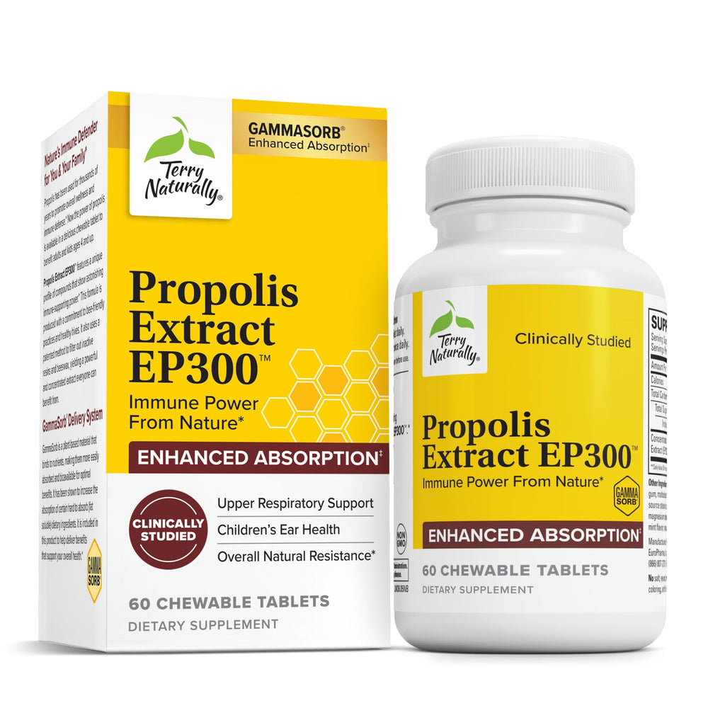 Front view of Terry Naturally Propolis Extract EP300 60-chewable tablets package