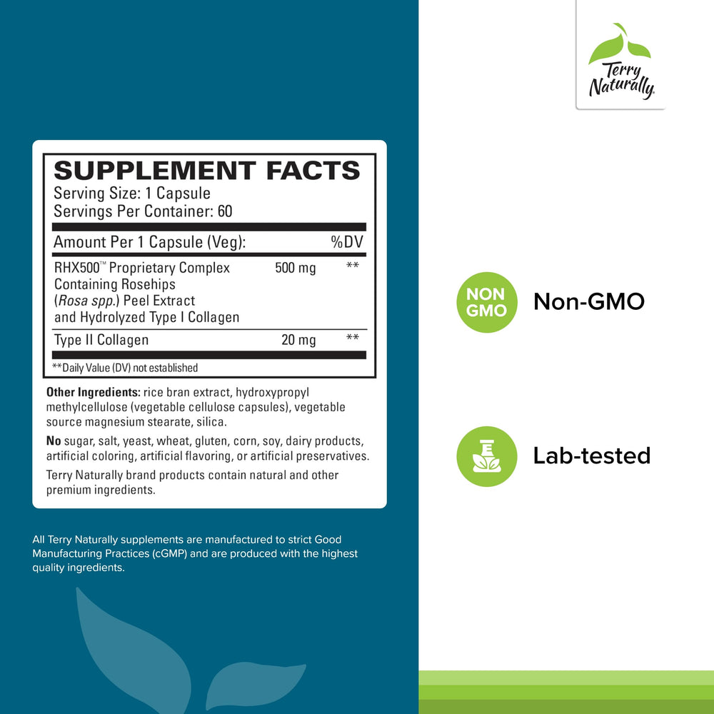 Close-up of Terry Naturally Rosehip Joint Comfort bottle label highlighting Type II Collagen