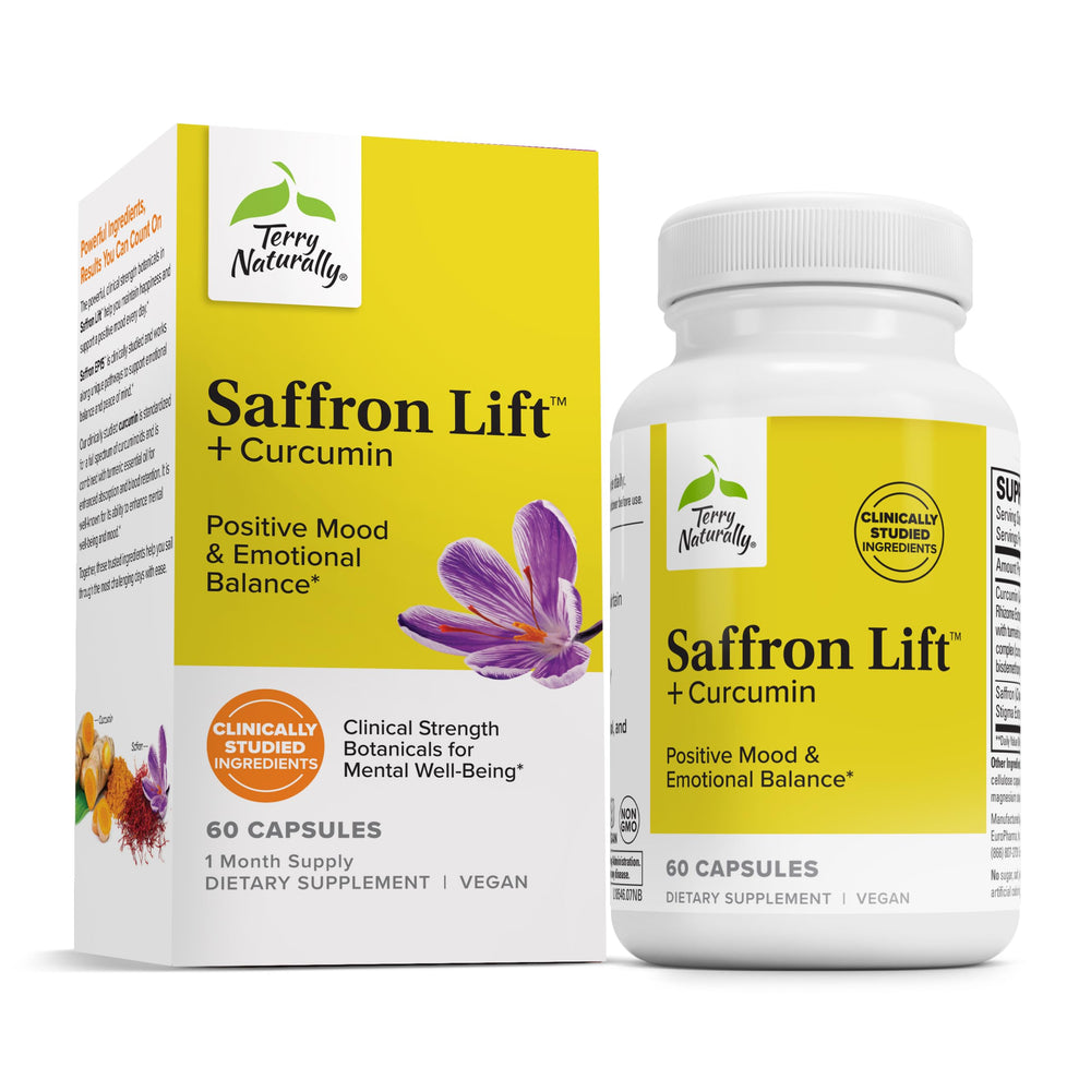 Front view of Terry Naturally Saffron Lift + Curcumin bottle with 60 capsules