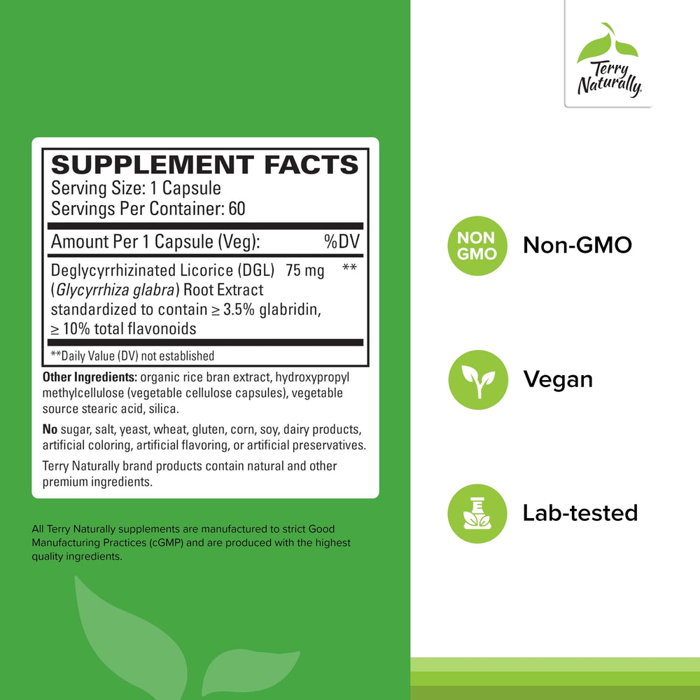 Close-up of product label highlighting deglycyrrhizinated licorice (DGL)