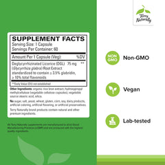 Close-up of product label highlighting deglycyrrhizinated licorice (DGL)