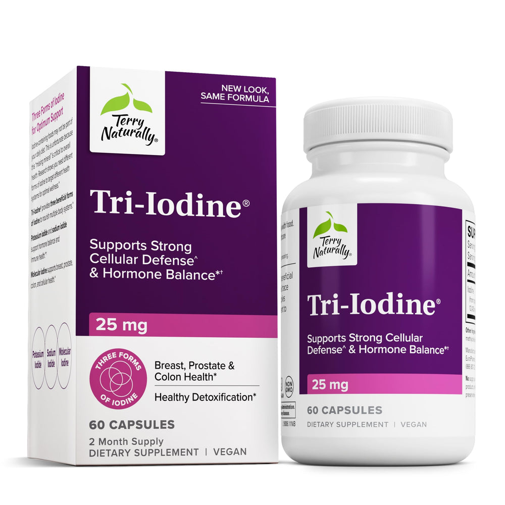 Terry Naturally Tri-Iodine bottle for daily thyroid support and hormone balance.