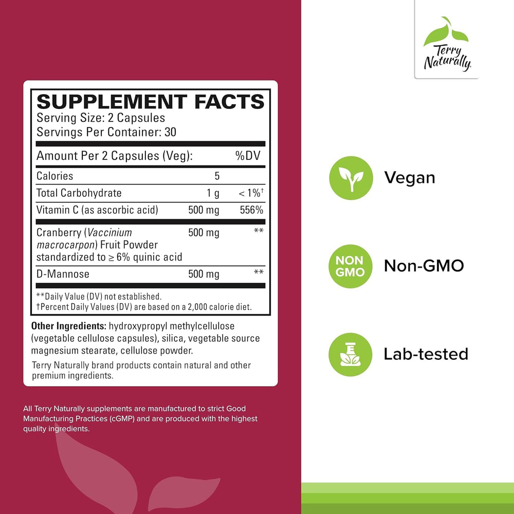 Close-up of cranberry, D-Mannose and Vitamin C ingredients