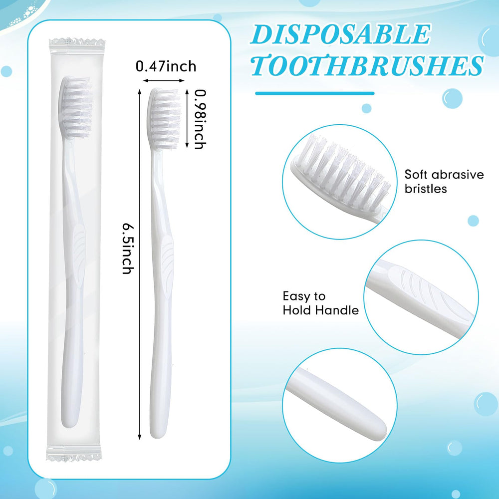 Individually wrapped Tessco disposable toothbrushes in clear packaging
