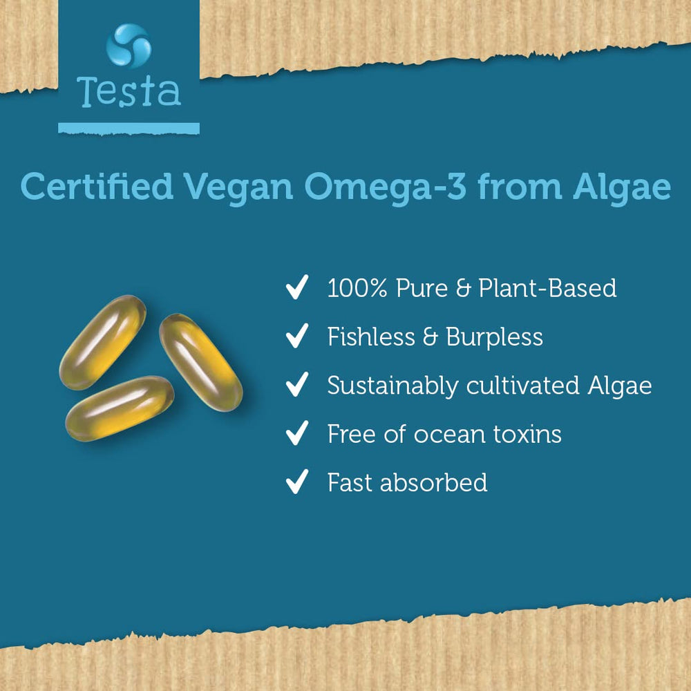 Close-up of Testa Omega-3 bottle label with algae oil
