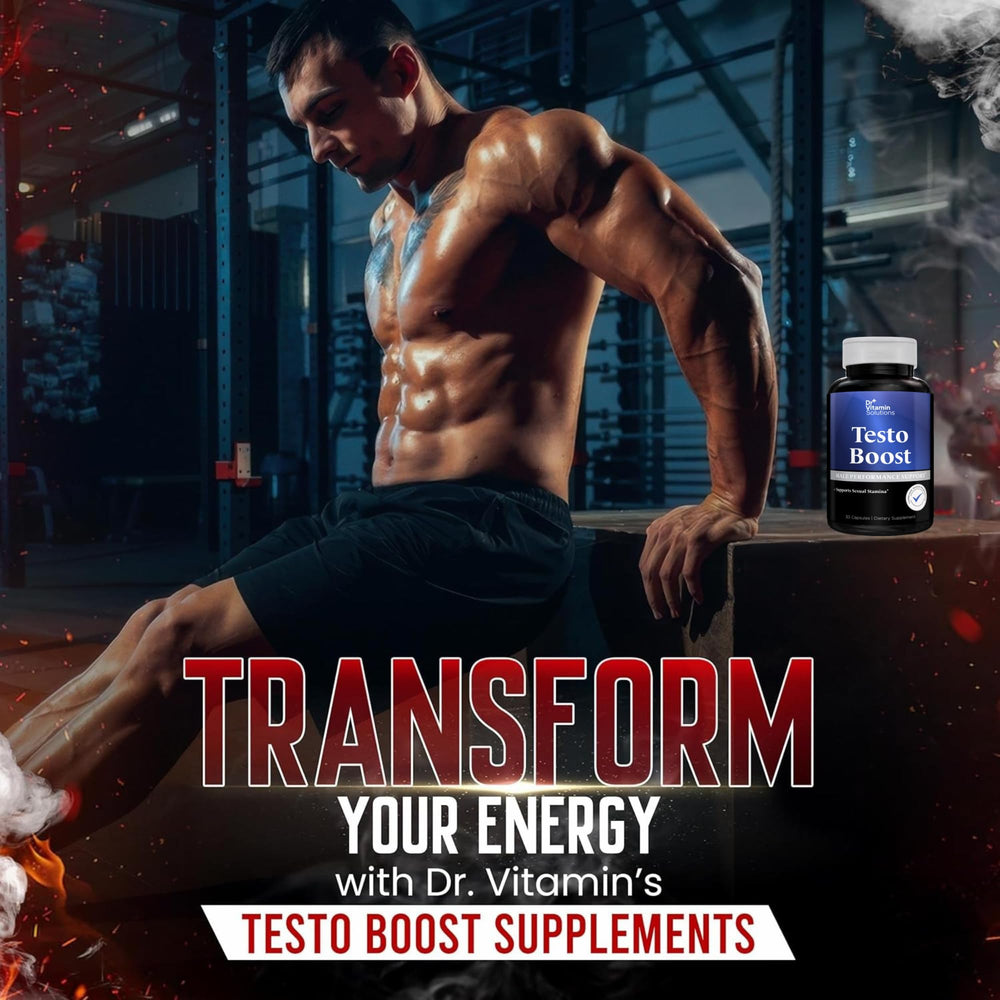 Testosterone booster bottle and ingredient visuals
