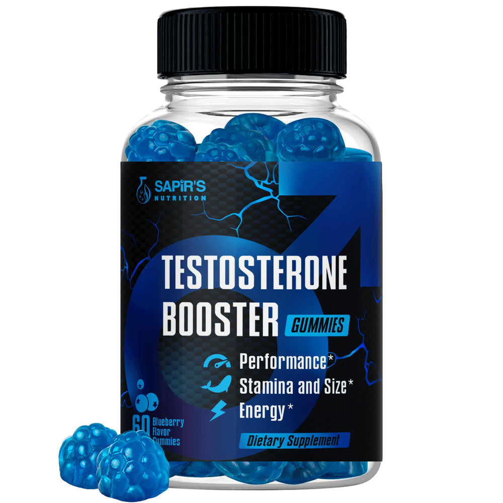 Bottle of Testosterone Booster Gummies with blueberry flavor