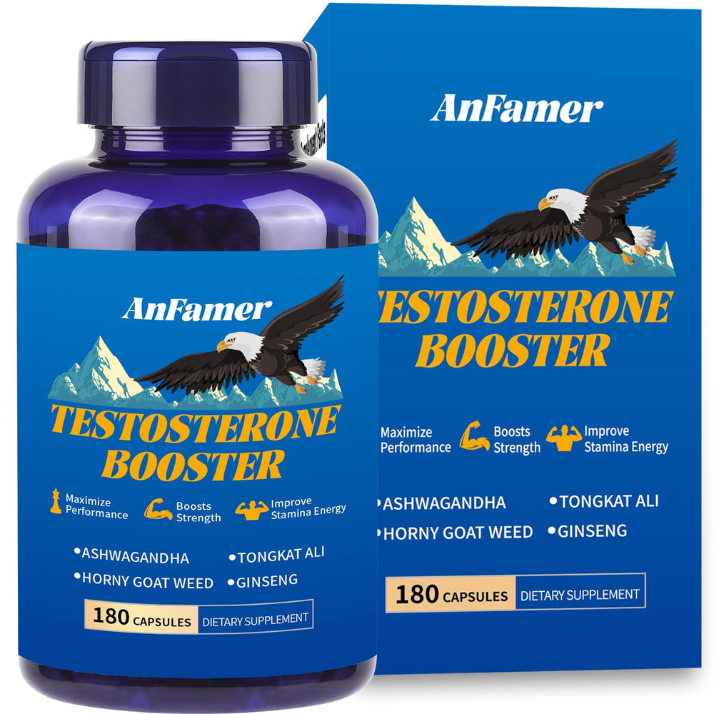 Bottle of testosterone booster for men with Ashwagandha, L-Arginine, Tongkat Ali, and Tribulus