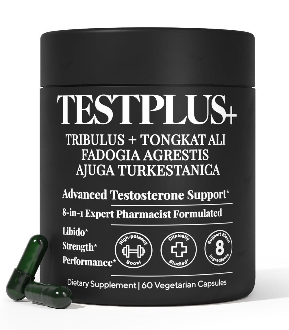 Front view of TESTPLUS+ 1,450mg 8-in-1 bottle