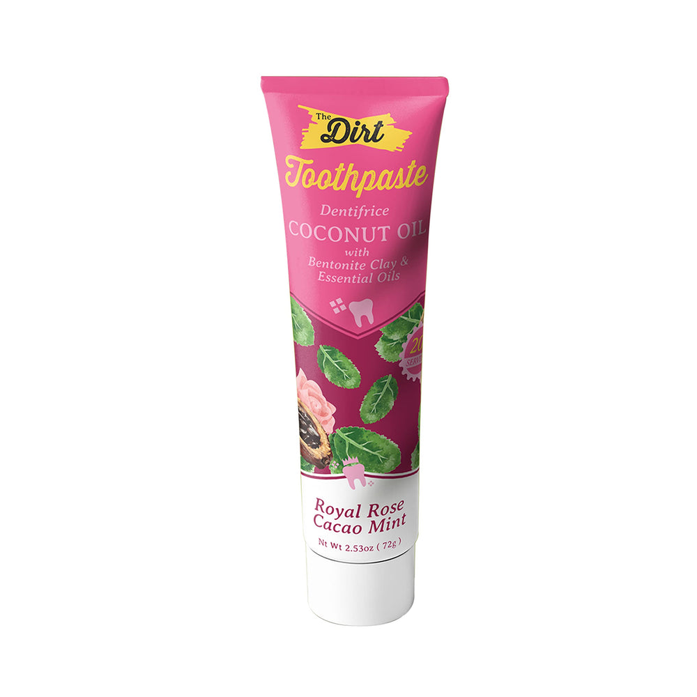 Product bottle and packaging for THE DIRT Coconut Oil Toothpaste - Rose Cocao Mint