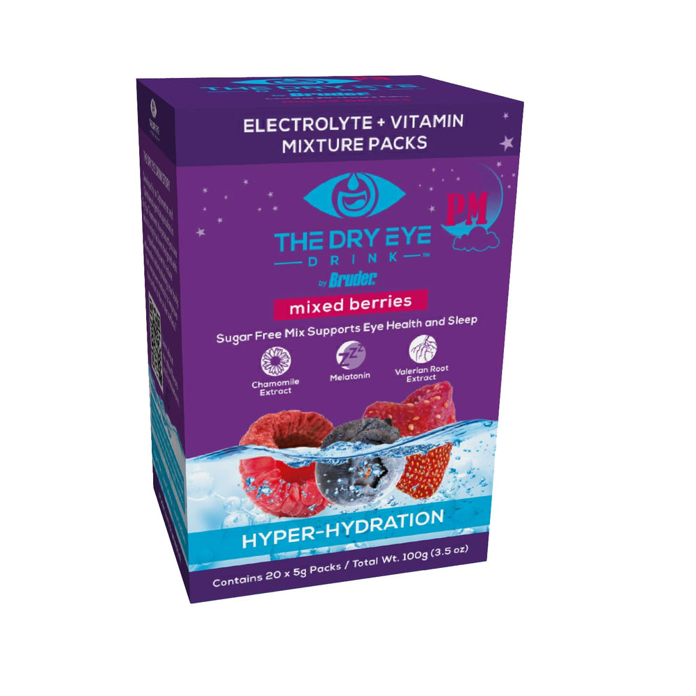 The Dry Eye Drink PM Mixed Berry glass with prepared drink for eye comfort after screen time