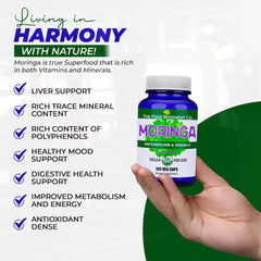 Organic and non-GMO moringa capsules label by The Food Movement CO.