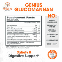 The Genius Brand Genius Glucomannan capsules closeup, highlighting vegan, non-GMO formula for gentle stomach comfort.