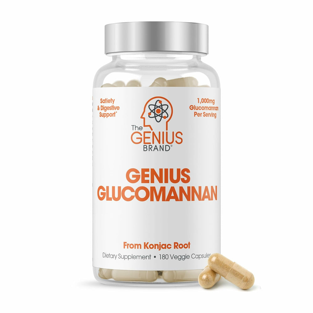 The Genius Brand Genius Glucomannan capsules pour, showcasing easy, fiber-rich digestion support during daily routines.