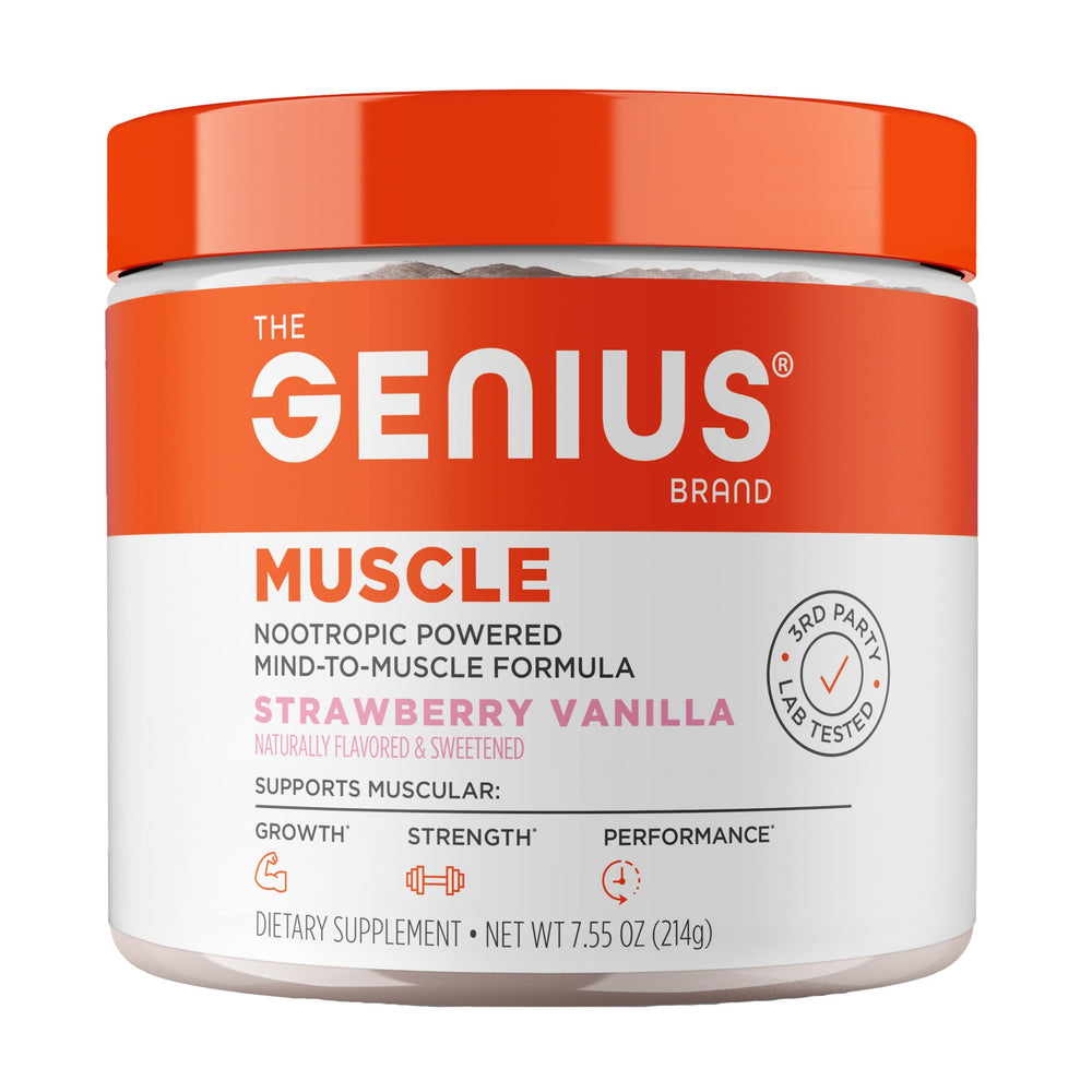 The Genius Brand Genius Muscle bottle close-up highlights a premium endurance-support formulation.