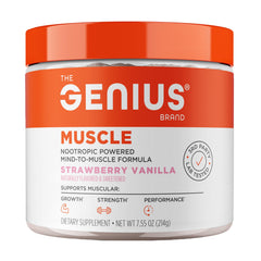 The Genius Brand Genius Muscle bottle close-up highlights a premium endurance-support formulation.