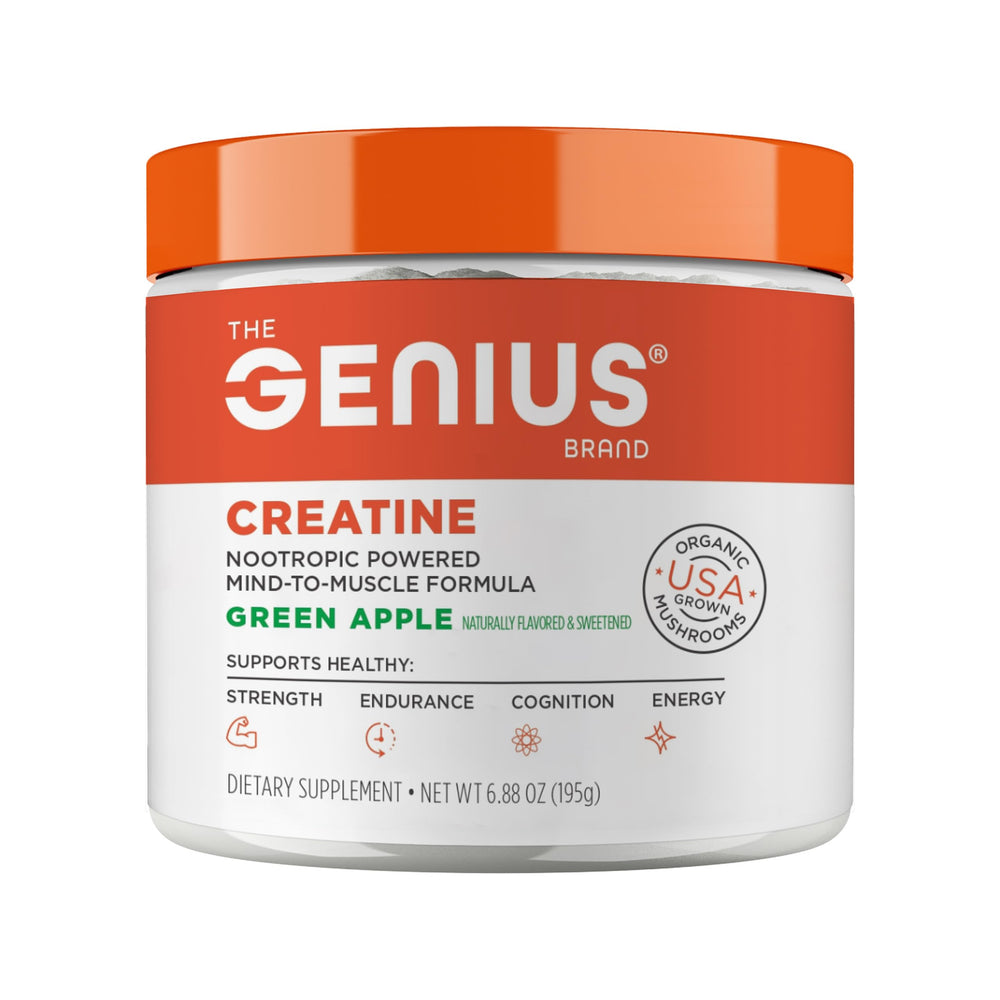 The Genius Brand envase frontal mostrando sabor y porciones