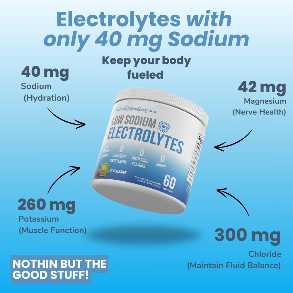 The Good Intentions Club low-sodium electrolyte label signals sugar-free hydration.