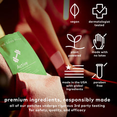 The Good Patch Active Patch ingredients panel highlights caffeine, beta-alanine, and rhodiola.
