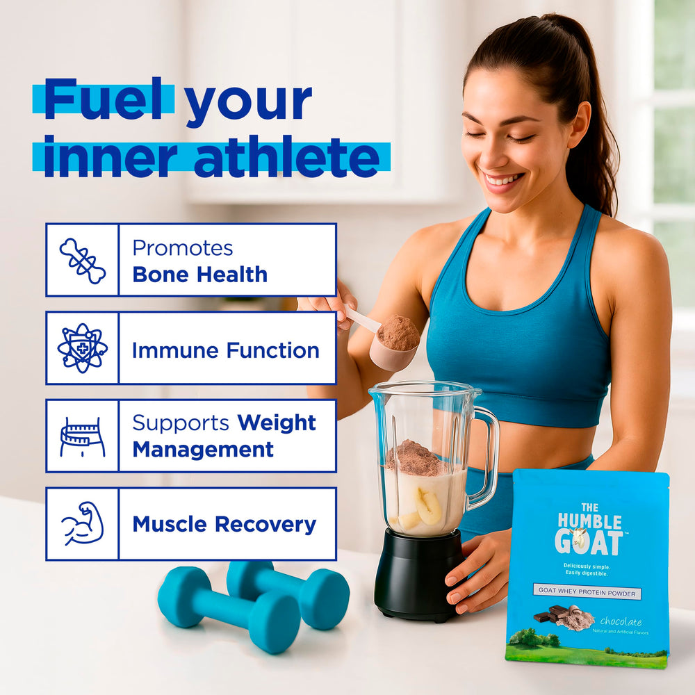 The Humble Goat goat-milk whey chocolate powder scoop with serving suggestion for smoothies.