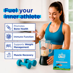 The Humble Goat goat-milk whey chocolate powder scoop with serving suggestion for smoothies.