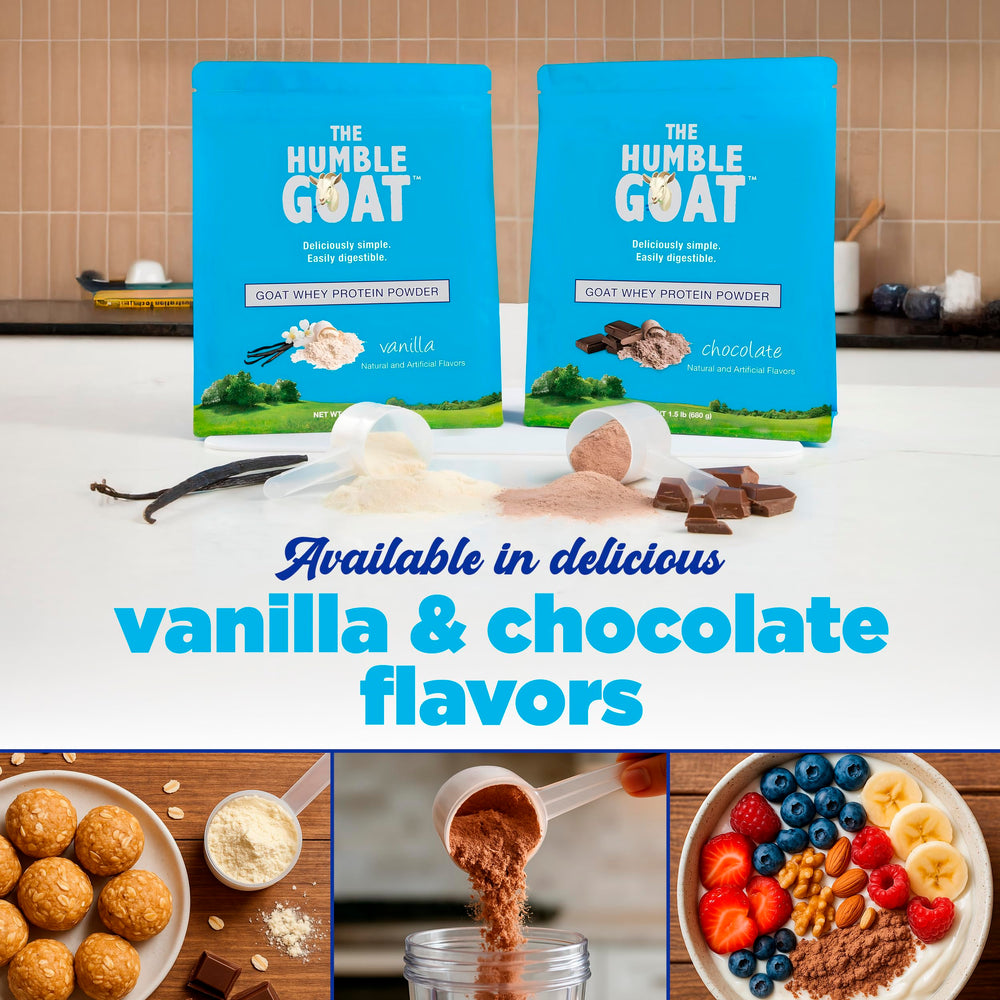 The Humble Goat grass-fed whey chocolate smoothie with fruit cup.