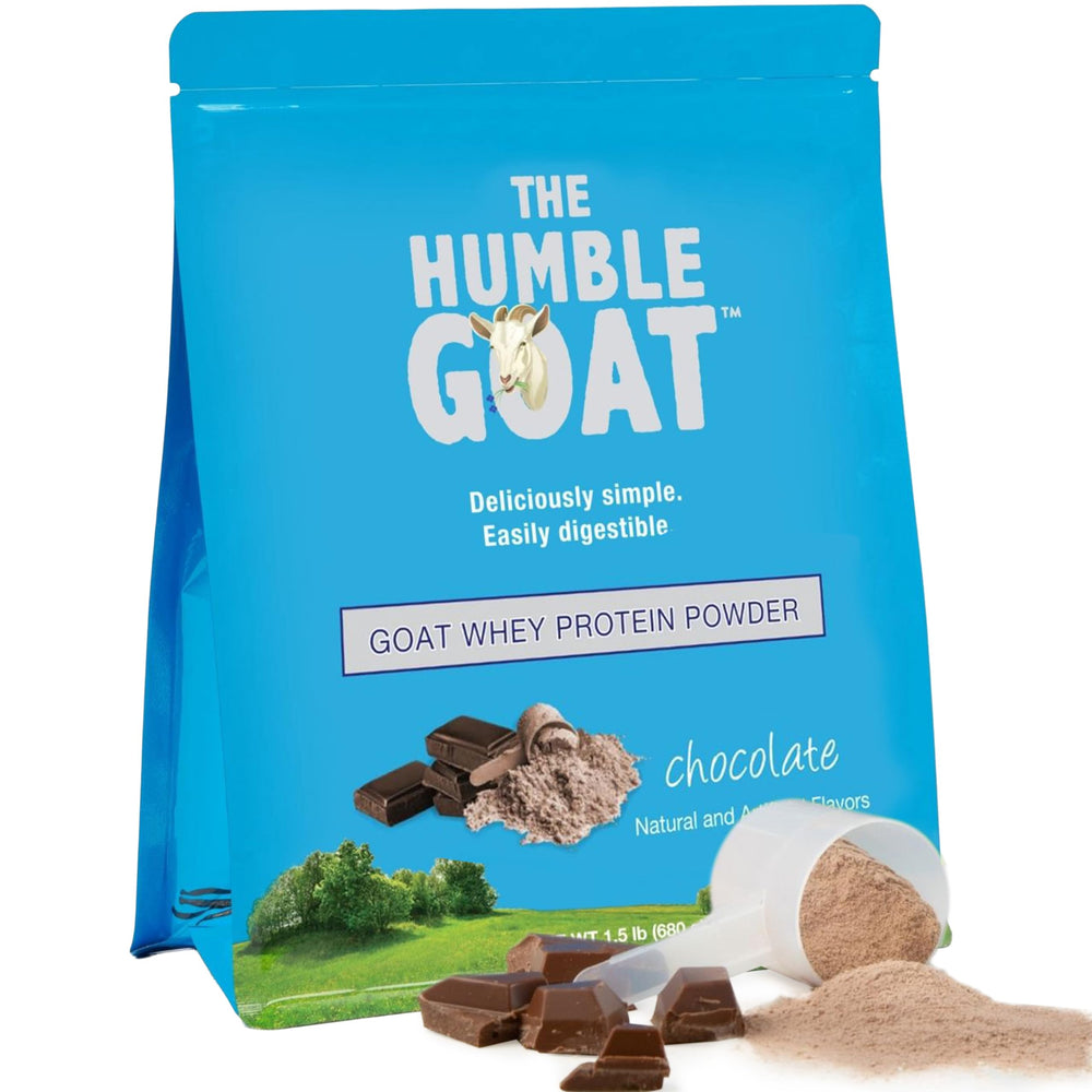 The Humble Goat grass-fed whey chocolate tub front view for convenient post-workout protein.