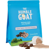 The Humble Goat grass-fed whey chocolate tub front view for convenient post-workout protein.