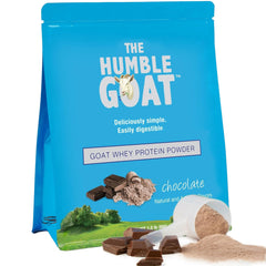 The Humble Goat grass-fed whey chocolate tub front view for convenient post-workout protein.
