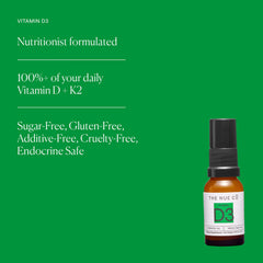 Ingredient panel and vegan gluten-free labels on The Nue Co Vitamin D Spray