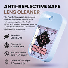 Anti-reflective safe lens cleaner providing streak-free finish on lenses