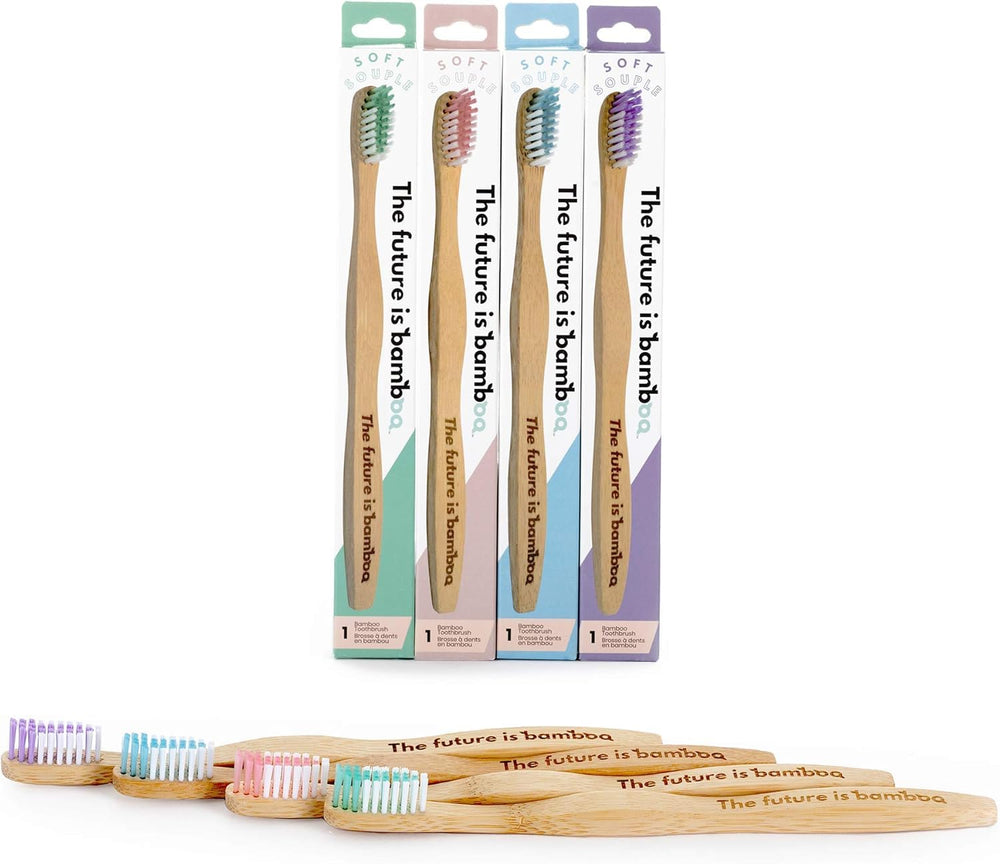 Front view of The Future Is Bamboo pack of 4 toothbrushes
