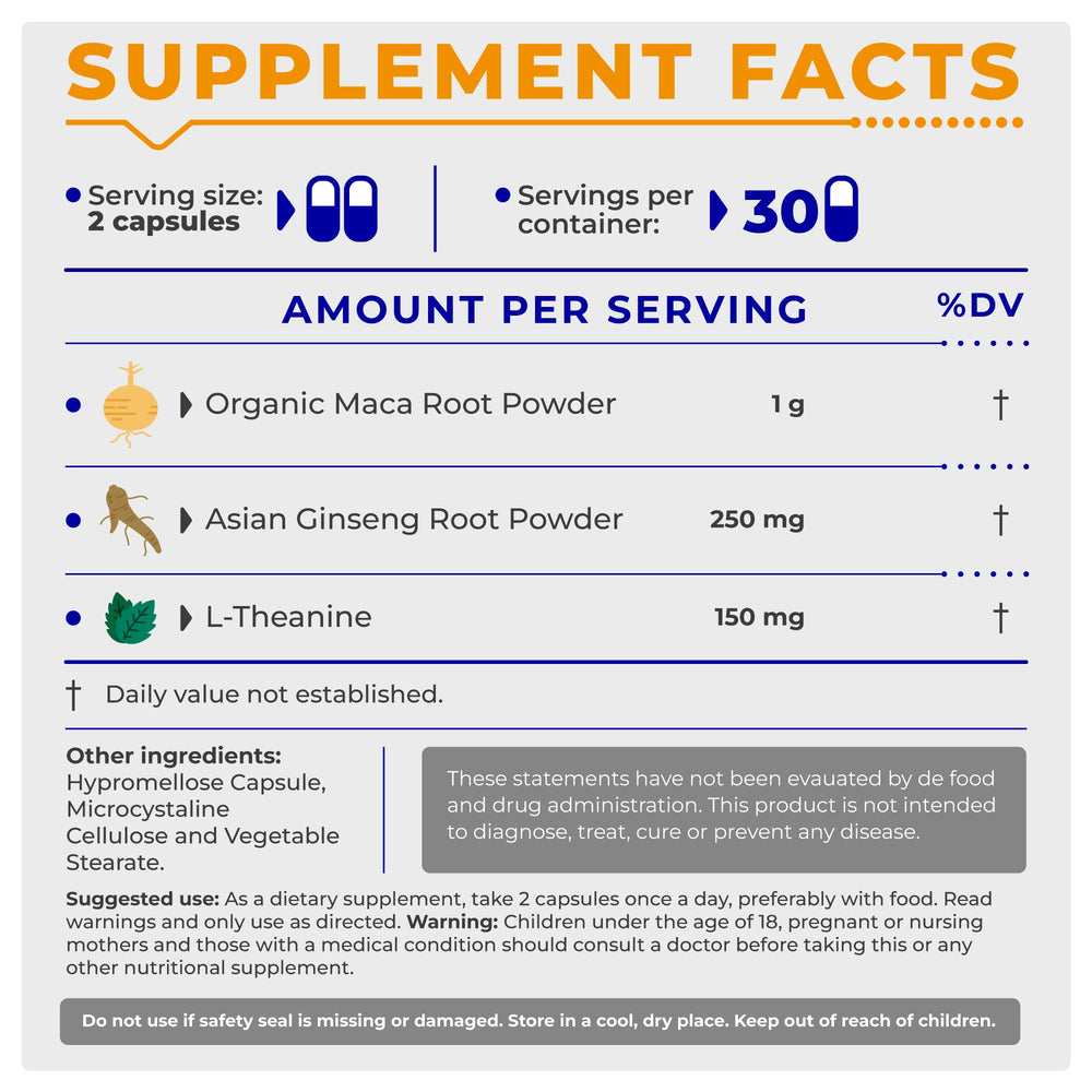 Close-up of bottle label highlighting Organic Maca Root, Korean Red Ginseng and L-Theanine