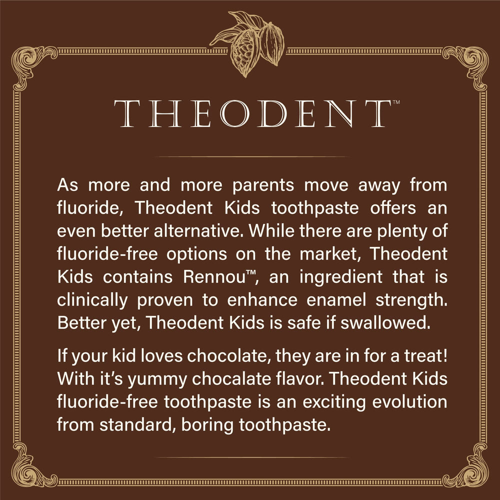 Close-up of Theodent Kids toothpaste with chocolate chip flavor imagery