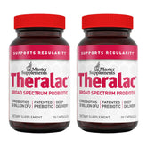 Hero image for Master Supplements Theralac probiotic showing 60 servings in a 2x30 capsule pack, gluten free