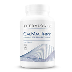 Bottle of Theralogix CalMag Thins 360 tablets showing label
